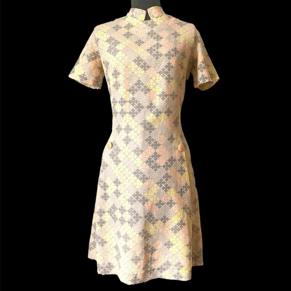 60s Dress Vintage Handmade Geometric Pattern Mod Nehru Mid Century - Picture 8 of 8